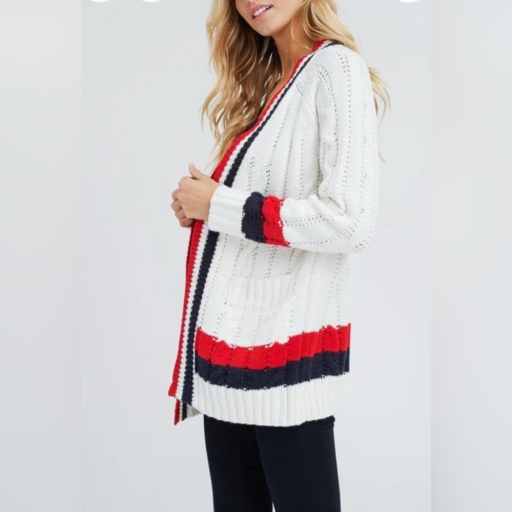 DAVI & DANI White Navy and Red Cardigan Sweater with Bold Stripes Medium NWOT - Picture 9 of 10